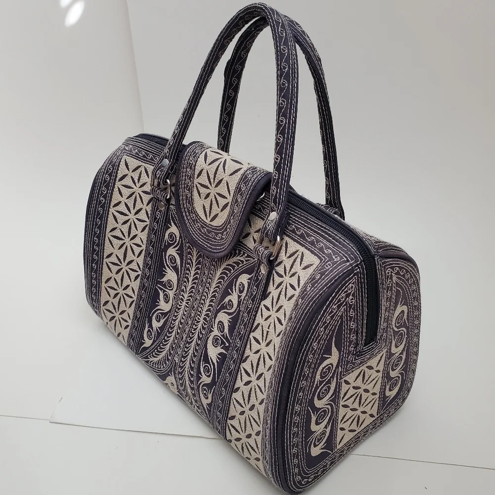 Embroidered Canvas Tote Bag in Black and Cream